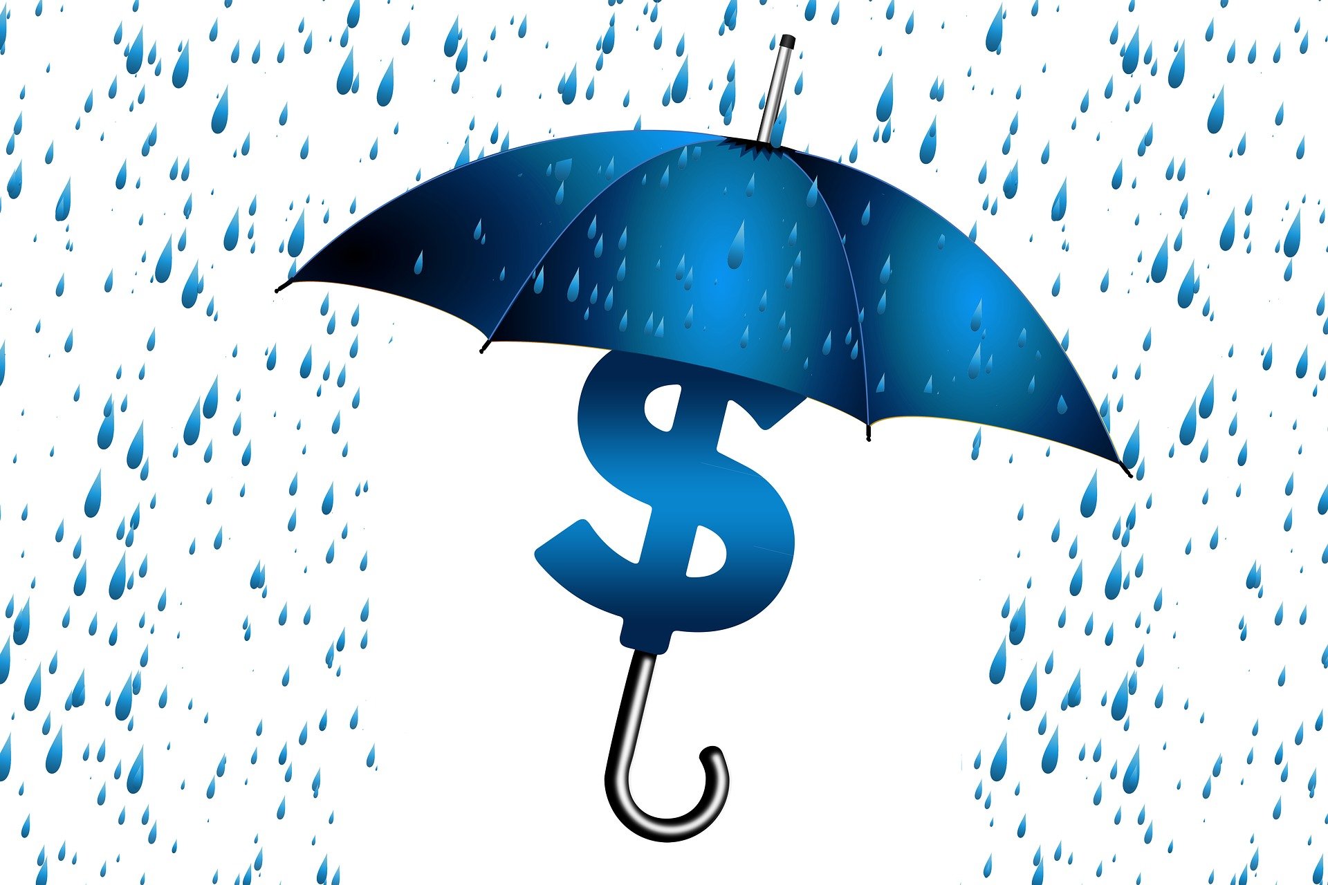 Blue dollar symbol under an umbrella with rain droplets scattered around.