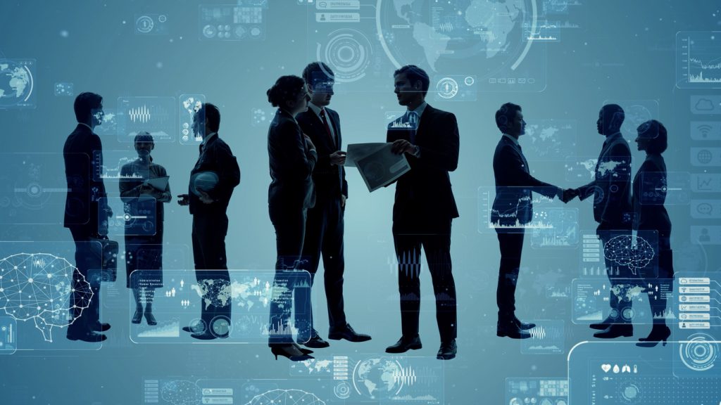 Business people networking in small groups.