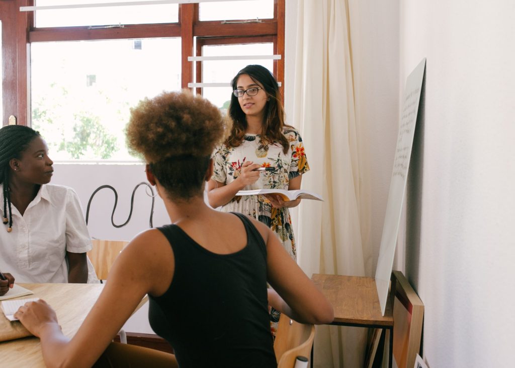 Businesswomen engaged in a discussion
