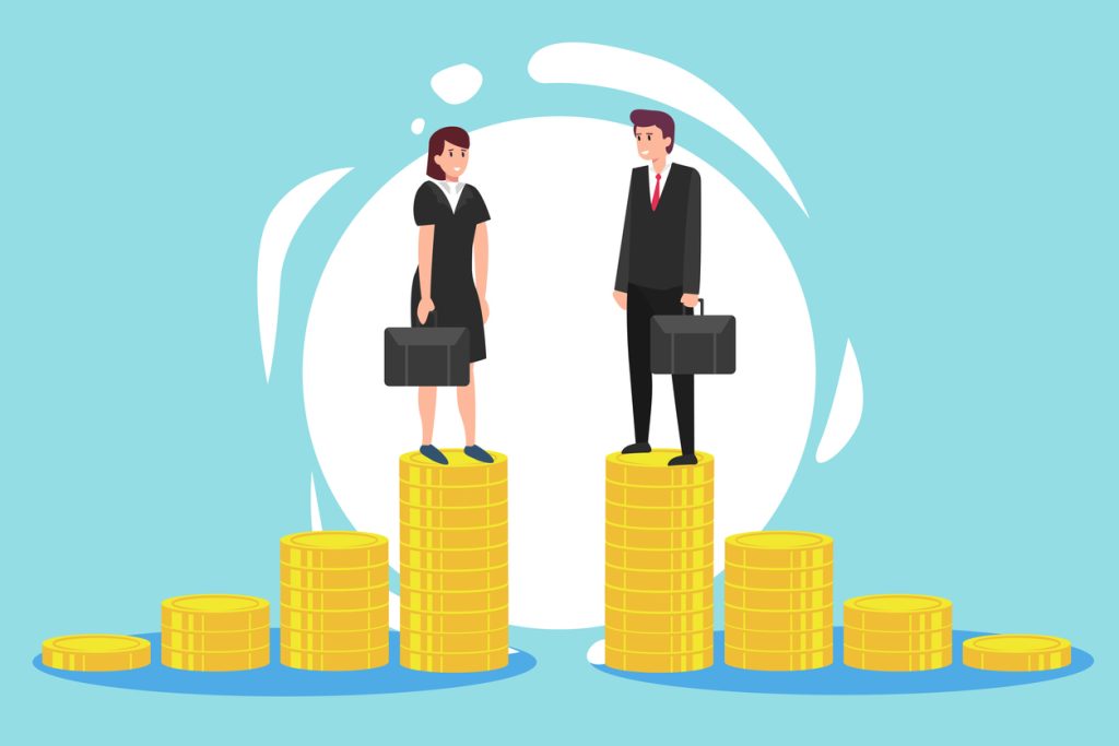 Young businessman and businesswoman standing on stacks of golden coins.